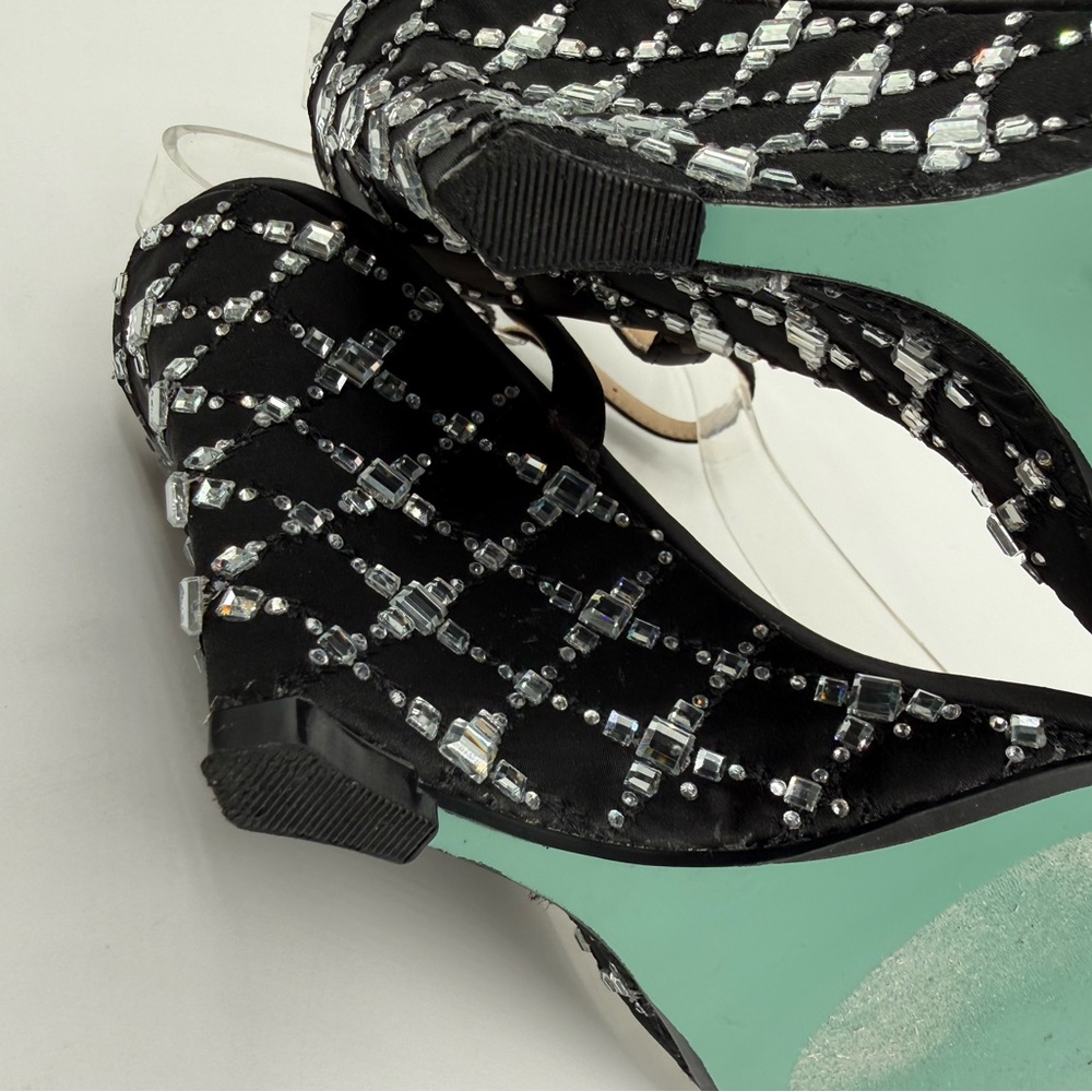 Betsey Johnson Talya Elegant Black Rhinestone Wedge Sandals Sparkly Ankle Strap - Picture 7 of 17